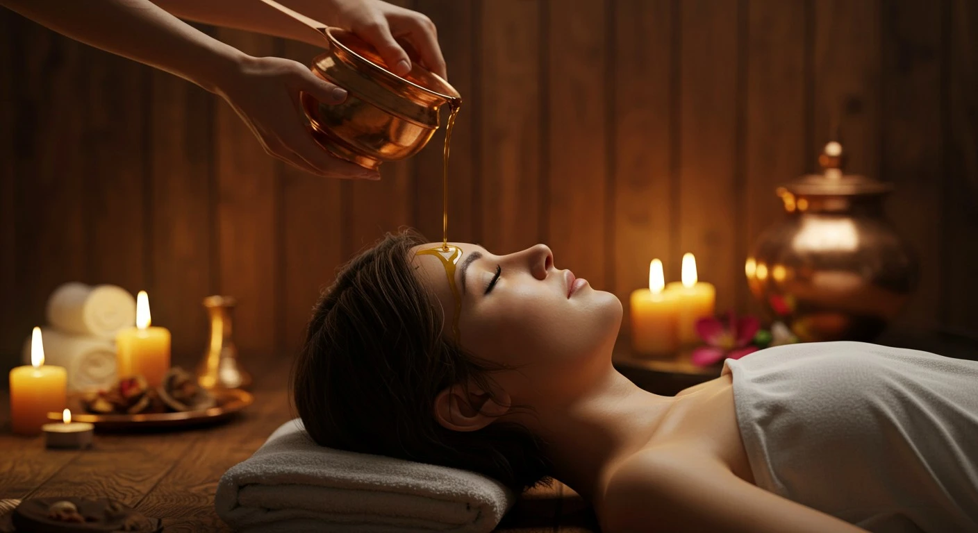Ayurvedic Shirodhara oil treatment in serene spa setting
