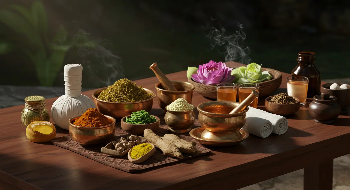 Traditional Ayurvedic herbs, spices and treatment tools